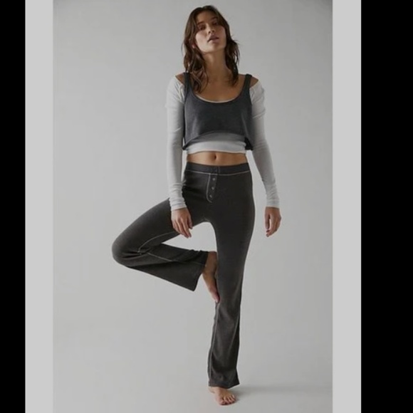 FP Intimatley Lounge Waffle Knit Thermal Flare Pant Brown Army Snap Medium Med M